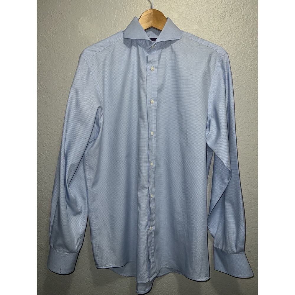 Purple Label Ralph Lauren Made in Italy Shirt 16 Blue Micro Houndstooth Cotton